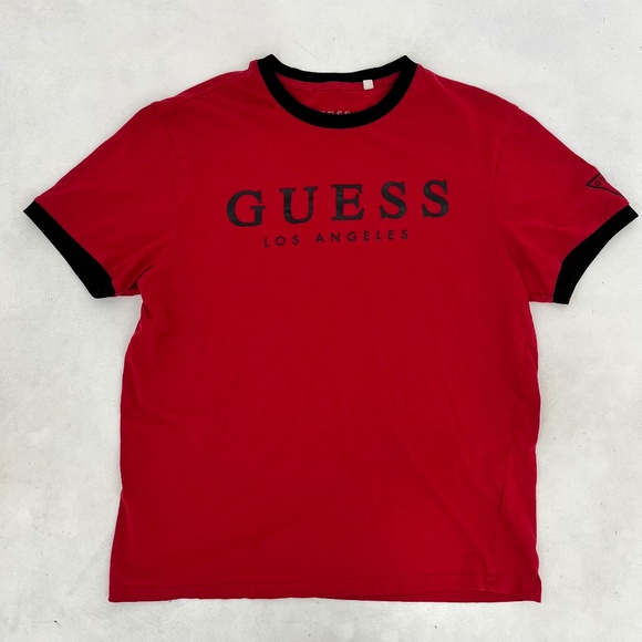 Guess Los Angeles Mens Size L T-Shirt Red Black Short Sleeve Crew Neck Outdoor - Picture 1 of 8